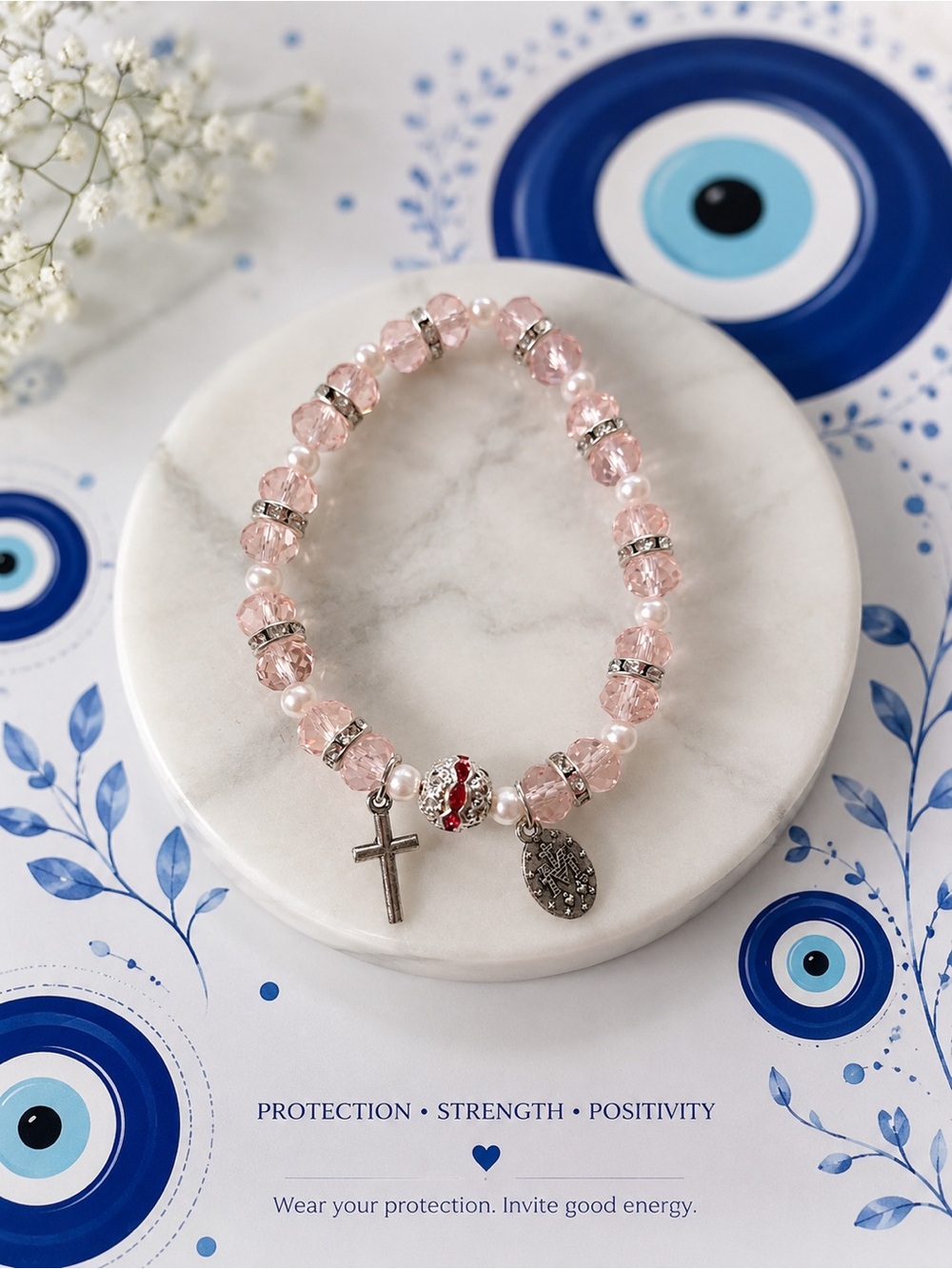 Delicate Pink Crystal Cross Charm Bracelet - Women Jewelry